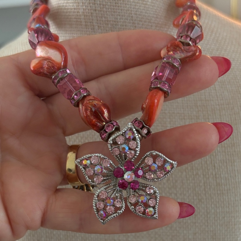 Elegant Pink and Orange Stone Floral Necklace 9” - Picture 9 of 9